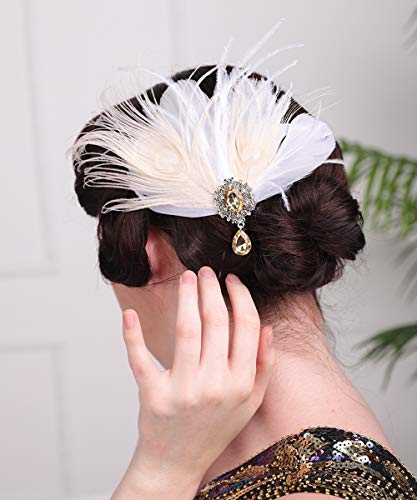 Aimimier Bridal 1920S Flapper Feather Hair Clip Crystal Teardop White Feather Roaring 20S Headpiece Prom Party Festival Gatsby Hair Jewelry For Women And Girls #TOP3
