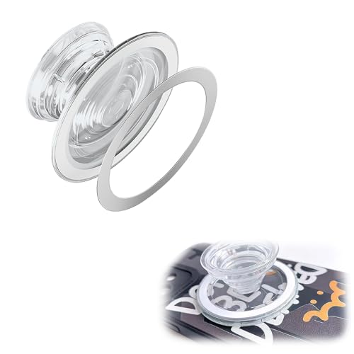 1 base magnética con asas para teléfono, mango redondo transparente compatible con MagSafe, anillo adaptador incluido, soporte para teléfono, compatible con carga inalámbrica.