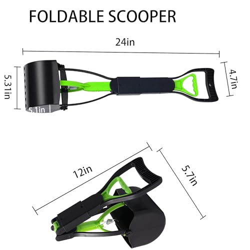 Image of Non-Breakable 24 Inch Portable Dog and Cats Poop Scooper with Foldable Long Handle, 20 Pet Waste Bags & 1 Dispenser, Set for Yard, Grass,Ideal for Large & Small Dogs (Green)