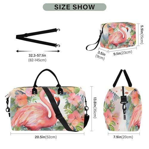 Large Travel Duffel Bag, Watercolor Flamingo Floral Sport Tote Gym Bag, Shoulder Weekender Overnight Bag for Women Men, Carry On Luggage with Toiletry Bag3