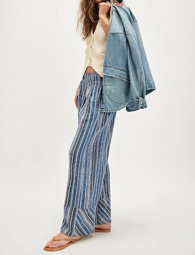 Juakoso Women Striped Wide Leg Pants Loose Elastic Waist Lounge Pants Boho Flowy Straight Leg Casual Trousers with Pockets3