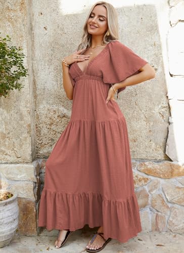 Image of Kikibell Women Summer Dresses Sexy V-Neck Maxi Dress Tiered Silhouette with Flutter Sleeve Backless Elastic Waist Flowy Dress