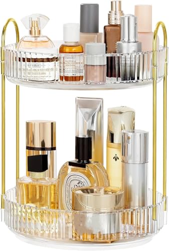 INOVERA (LABEL) Plastic 360° Rotation Makeup Organizer for Women, Girls & Bride | Dressing Table Cosmetic Vanity Round Storage Case Holder for Perfums, Skincare Kit (2 Tier, Transparent)