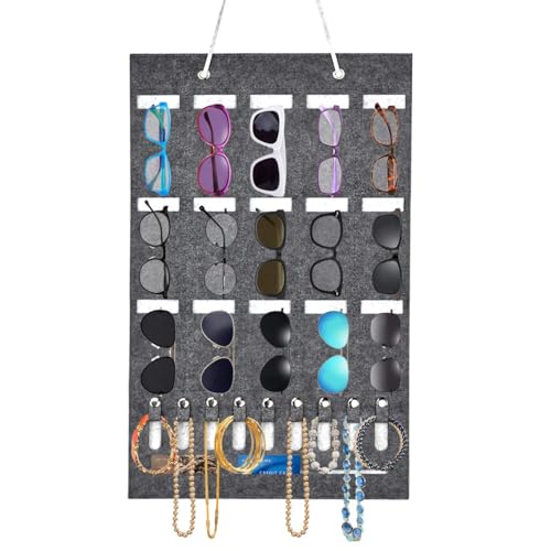15 Ranuras para Colgar Gafas, Bolsa de almacenamiento de gafas de sol para colgar en la pared con 9 Ranuras para Ilaves, Bolsa de Fieltro para Gafas, Llaves, Auriculares