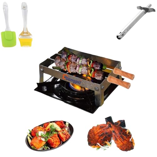 Image of Small Gas Stove BBQ Grill Stand | Barbecue Grill Set with Grill Jali, 2 Skewers, Gas Lighter & Silicone Spatula and Oil Brush | For Tandoori, Paneer Tikka & Kebabs