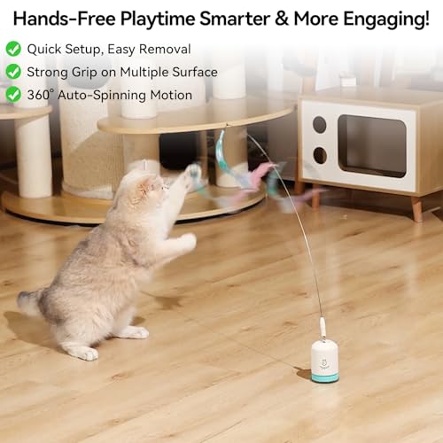 Image of Migipaws Interactive Automatic Cat Teaser Wand Toy with Strong Suction Cup, 70cm Flexible Wire & DIY Bending Design, Rechargeable Cat Exercise Toy with Auto Timer for Indoor Cats (White)