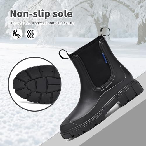 GemChve Gummistiefel Damen Winter, Chelsea Boots Gefüttert Wasserdicht, Gummistiefeletten Halbhohe Gartenschuhe, Rutschsicher Regenschuhe, Abriebfest Komfort Schlupfstiefel Black 38 EU