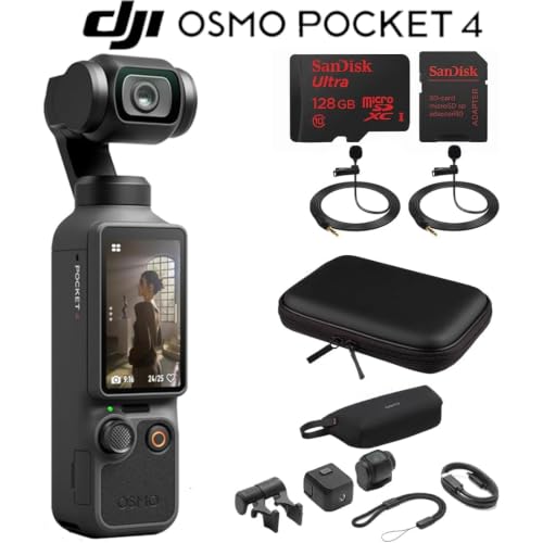 DJI Osmo Pocket 4 Standard Combo 1 CMOS 4K/240fps 3-Axis Gimbal Camera 107GB Bundle with Sandisk microSDXC 128GB Card + 2X Deco Essentials Clip-On Mini Lapel Mic + Deco Gear Hard Shell EVA 10 Case