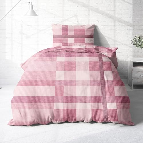 Träumschön Premium Bettwäsche 135x200 + 80x80 cm - Kariertes Design Rosa...