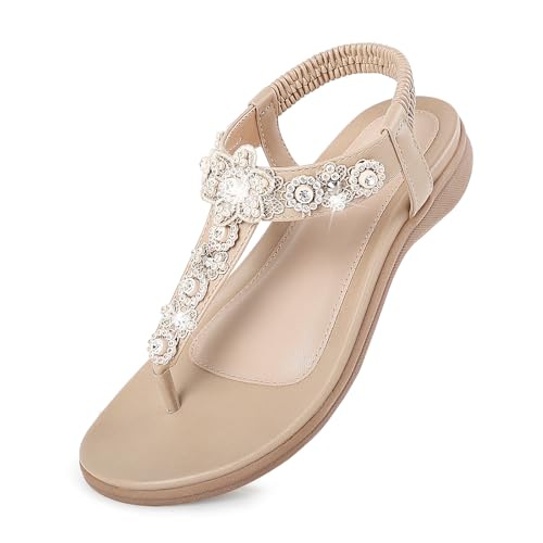 Flat Sandals for Women Dressy - Summer Comfortable Ankle Strap Thong Flats Sandal with Rhinestone for Outdoor Walking