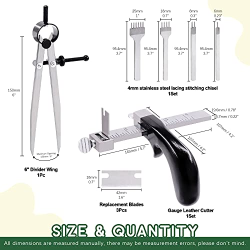 Keadic Professionelle Leder Arbeitswerkzeug Set enthalten Leder Schneidwerkzeug,4mm Schnürung Nähen Punch Set und verstellbarer Trennflügel Kompass, Lederkraft Kits für Leder Handwerk machen DIY Nähen