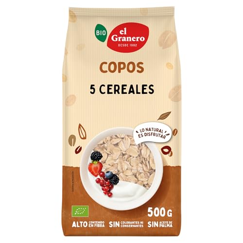 El Granero integral - Copos de 5 Cereales Ecol&oacute;gicos de 500 g - Sin Az&uacute;car A&ntilde;adido - Aptos para Veganos - Incluye Copos de Avena, Trigo, Cebada, Centeno Integral y Ma&iacute;z Malteado