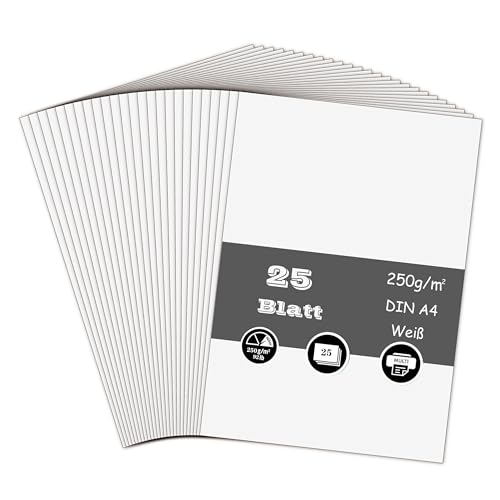 25 Blatt Tonpapier Weiß, 250g/m² Tonkarton - DIN A4 Bastelkarton für Malen Kartenherstellung Einladungen Scrapbook Basteln