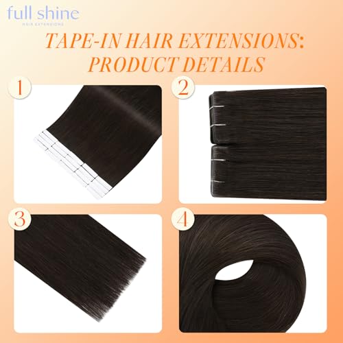 Image of Full Shine Brown Hair Extensions, Color 2 Dark Brown, Invisible Seamless Double Sided Tape in Extensions Real Human Hair, 18 Inch, 20Pcs, 50g, Wedding Styling and Daily Wear Lightweight Comfortable