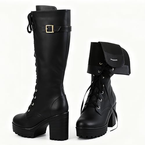 Image of Ladies' Boots Women Fashion Platform Block Heels Knee High Boots Lace up
