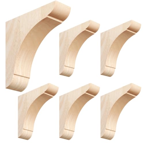 Image of Vercraft 6 Pcs Wood Corbels Wooden Shelf Brackets, Unfinished Paintable Bracket with Hanging Hook for Doorway Countertop Kitchen Cabinet Book Shelves, Rubber Wood (6 x 6 x 1.75 Inches)