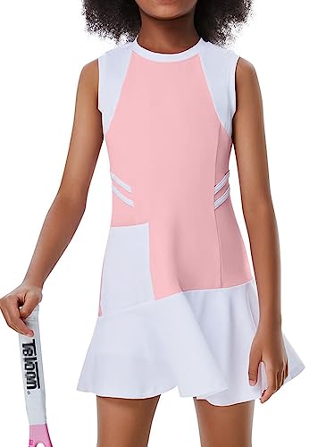 Girls Sleeveless Tennis Golf Sport Dress Outfit Athletic Pleated Skirt Sets with Built-in Shorts Pockets 3-12 Years3