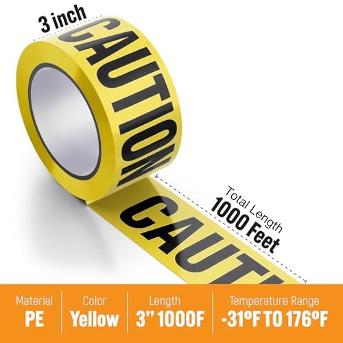 TAPEWELL Premium Yellow Caution Tape Roll - 3 Inch X 1000 Feet - Pack of 3 Bright Yellow Crime Scene Tape - Construction Tape Rolls for Hazard Areas (Total of 3000 Feet)