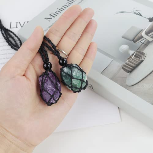 Anjiucc Natural Raw Gemstone Crystal Pendant Necklace Stone Holder Necklace Cord Hand-Woven Necklace With Adjustable Length For Women Men(2 Pcs Amethyst+Green Fluorite) thumb #3