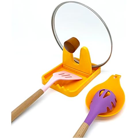 LSVGOE 2 Pack Multiple Utensil Spoon Rest for Kitchen Counter, Spoon Holder for Stove Top with Lid Holder and Grill Spoon Holder for Spatula, Ladle, Tongs and Cooking Accessories (Yellow-2 Set) Cover