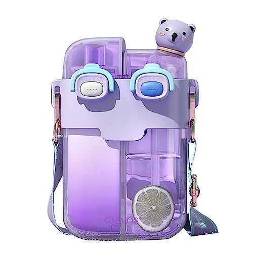 Bouteille d'eau en plastique de grande capacité Double récipient Gourde Impression Dessin animé Gobelet à paille en plastique pour l'intérieur et l'extérieur