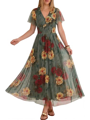 ANRABESS Women Summer Floral Maxi Dress Short Sleeve Boho Flowy Tulle Beach Vacation Wedding Guest...