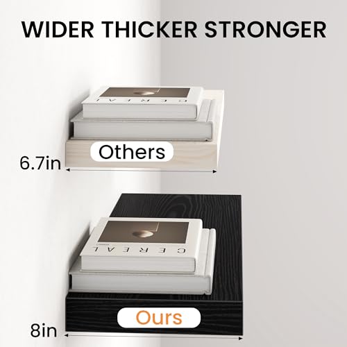 Image of Fun Memories 16Inch Floating Shelves for Wall, 8 Inch Deep Shelves for Bathroom|Bedroom|Kitchen Wall Mounted, Wood Hanging Shelf with Invisible Brackets for Home Storage Decor, Black - 2 Pack