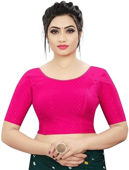 Round Neck Dobby Cotton Lycra Stretchable Elbow Sleeve Readymade Saree Blouse for Women Stylish