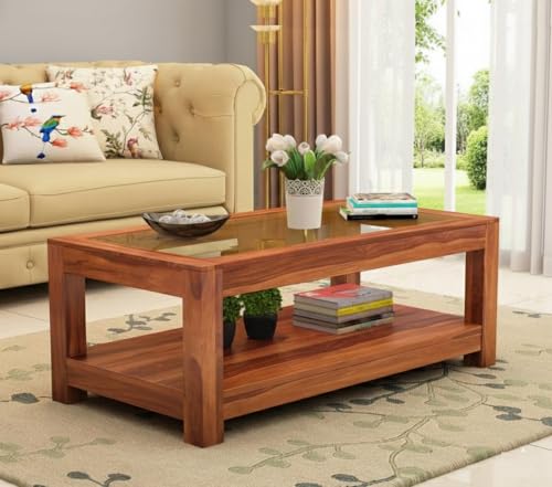 Image of Sheesham Wood Coffee Table for Living Room with Glass Top Multipurpose Tea Table Wooden Centre Table for Home Hall and Office Furniture | Teapoy Table (Honey Finish)