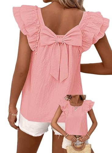 Image of Falechay Womens Bow Tie Back Tops Round Neck Ruffle Short Sleeve Shirts Cute Babydoll Chiffon Tee Women Summer Trendy Tunic