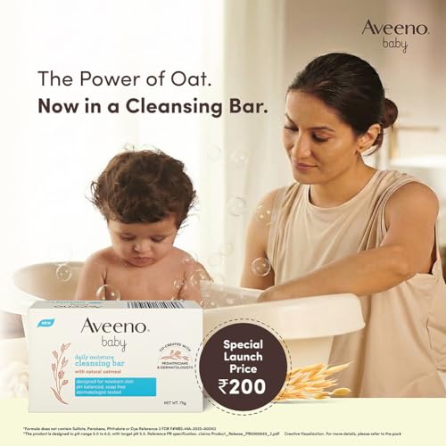 Image of Aveeno Baby Daily Moisture Cleansing Bar 75g (Pack of 2) | With natural Oatmeal, Glycerin and Shea Butter | Co-created with Pediatricians and Dermatologists for newborn sensitive skin | pH balanced, free of soap, parabens sulfates and phthalates