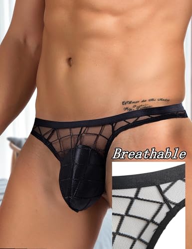 Mens Sexy Mesh Thong Low Rise G String T-Back See Through Underwear Black Breathable Panties for Men S-XL3