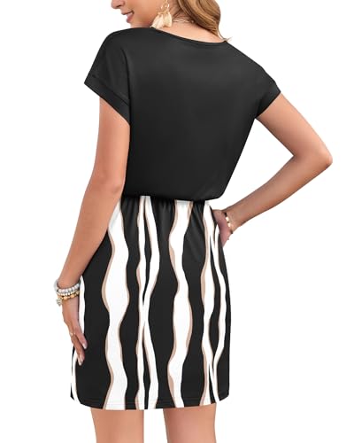 Image of AUSELILY Womens Summer Mini Dress, Short Sleeve V Neck Drawstring Casual | Soft smooth drape with an adjustable drawstring waist for beach, casual outings and daily wear