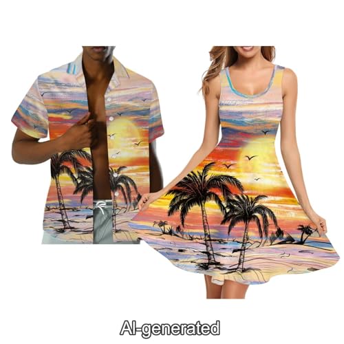 Image of Dreaweet Summer Dresses for Women A-Line Sleeveless Flowy Sun Dresses,Men's Casual Button-Down Shirts,Couple Matching Outfits