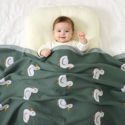 Image of mimixiong Baby Blanket Knit Receiving Boys Girls Blanket Soft Cotton Neutral Blanke for Swaddle Crib Stroller with Cute Sheep (Deep Green-Duck, 30x40 Inch (Pack of 1))