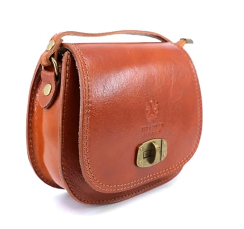 LeahWard Leather Crossbody Saddle Bag with Brass Lock, Leather Crossbody Bag (Tan)