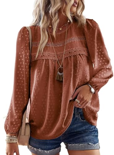 Womens Fall Tops Crewneck Long Sleeve Shirts Casual Chiffon Blouses Flowy Lace Hem Boho Clothing Trendy 2025