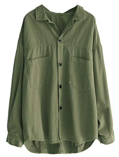 Minibee Women's Cotton Shirt Jacket Long Sleeve Blouse Button Down Coat Outwear with Pockets Army Green 2XL