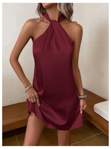 Image of Floerns Women's Pearl Beaded Halter Twist Sleeveless Tie Back Dress A Line Dress