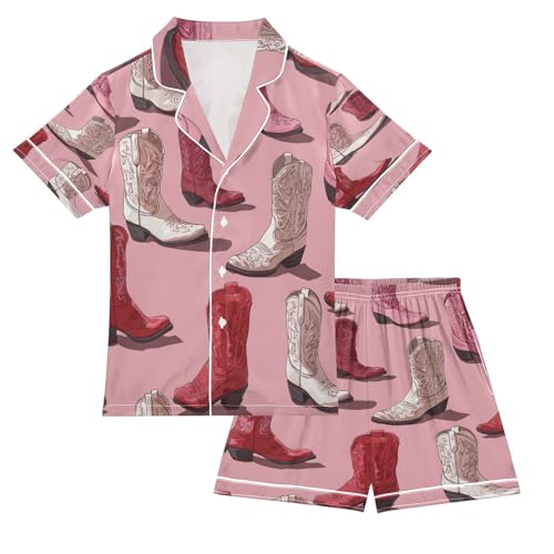 Satin Pajama Sets Short Sleeve Cowboy Boots Pattern Button Down Silky Nightwear 2 Piece PJS 5-14Y