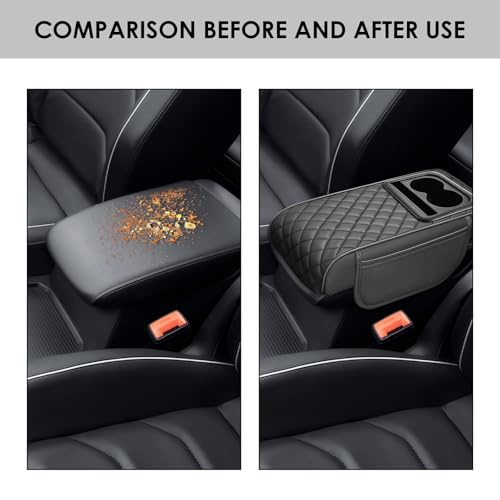 AMZAUTO Car Center Console Cover, Leather Car Armrest Cover with Storage Box, Cup Holder, Phone Slot, Waterproof Arm Rest Protector Cushion Automotive Accessories (Black)