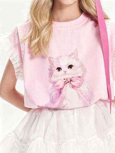 Image of Girls Ruffle Sleeves Shirt Cat Graphic Tee Cute Summer Short Sleeve Top for Teens 6-16Y