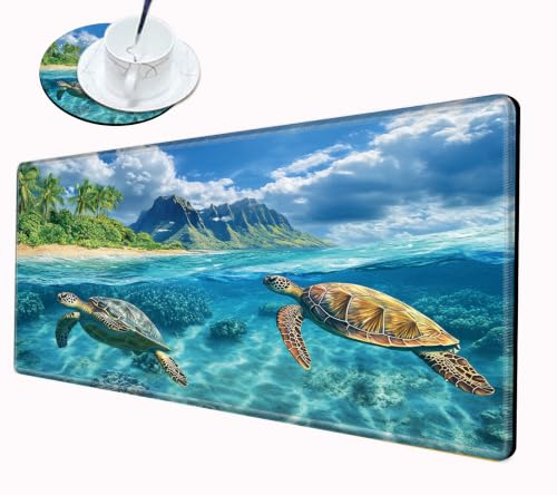 Image of Gaming Mouse Pad Sea Turtle Mousepad 24x12 Inch Desk Mat XL Long Desk Pad Non-Slip Rubber Base Computer Mat with Stitched Edges for Office Work Home Game