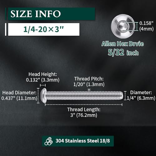 Image of 1 /4-20 x 3 Button Head Socket Cap Bolts Screws, 304 Stainless Steel 18-8, Allen Hex Drive, Bright Finish, Fully Machine Thread, Pack of 10