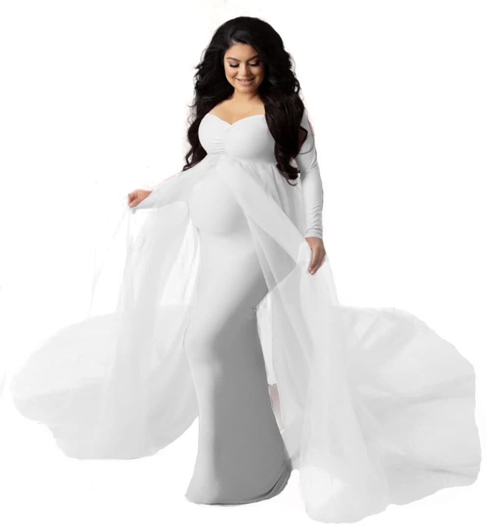 CFWSHJ Abito Premaman con Spalle Scoperte in Tulle per Servizio Fotografico, Abito Aderente a Maniche Lunghe per Baby Shower