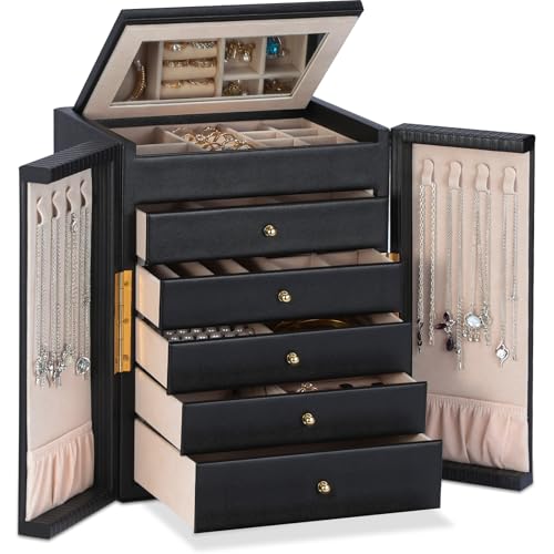 Dajasan Boite a Bijoux, Coffre à Bijoux avec 5 Tiroirs, 6 Niveaux Boite a Bijoux avec Double Ouverture, Boîte à Bijoux pour Coiffeuse, Cuir Grain Vertical,...