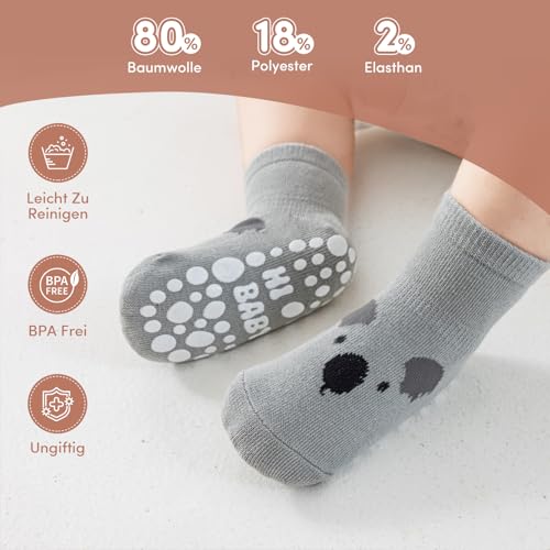 SockWaddles Stoppersocken Kinder Baby, 5 Paar ABS Atmungsaktiv Antirutschsocken Kinder, Krabbelsocken Baby Baumwolle, Jungen und Mädchen Crew Socken mit Tiere