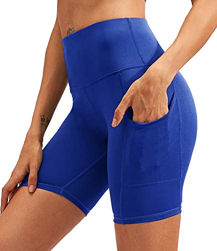 Coniso Women's Biker Shorts High Waist Yoga Workout Running Gym Shorts for Women Summer Soft Leggings with Pockets (01 Blue, Large)