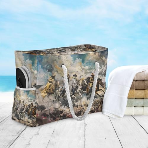 Cowboy Vintage Horse Beach Bag for Women Large Beach Tote Bag with Zipper for Travel Vacation4