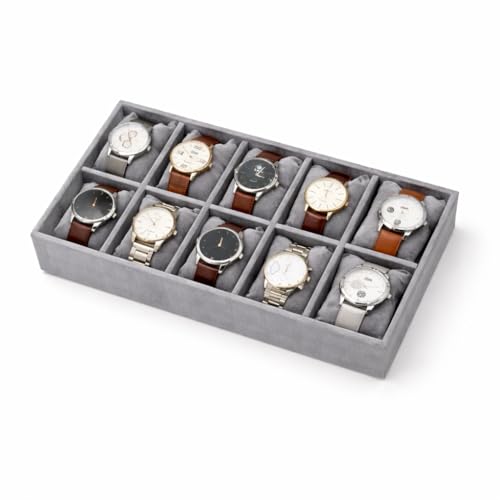 Image of 10 Slot Watch Organizer Tray for Watches, Grey | Tray keeps watches, smartwatches, bracelets and accessories arranged neatly in wardrobe, closet, dresser or dressing table